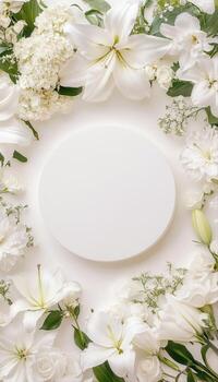 Top down view of an empty podium surrounded by white funeral flowers in a serene setting.o photo