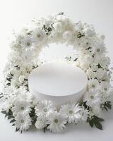 Top down view of an empty podium surrounded by white funeral flowers in a serene setting.m photo