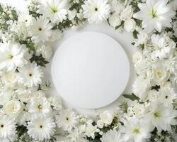 Top down view of an empty podium surrounded by white funeral flowers in a serene setting.c photo