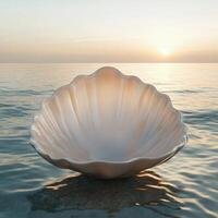 A shell is sitting on the water at sunset photo