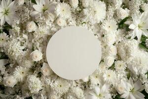 Top down view of an empty podium surrounded by white funeral flowers in a serene setting.p photo