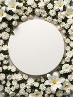 Top down view of an empty podium surrounded by white funeral flowers in a serene setting.9 photo