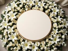 Top down view of an empty podium surrounded by white funeral flowers in a serene setting.12 photo