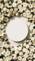 Top down view of an empty podium surrounded by white funeral flowers in a serene setting.13 photo