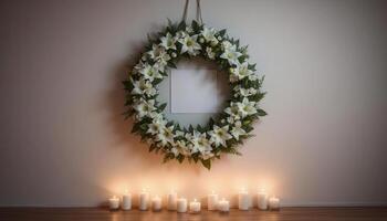 Funeral wreath with an empty center for text or photo, hanging on a plain wall with white candles burning below, creating a solemn atmosphere.25 photo