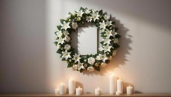 Funeral wreath with an empty center for text or photo, hanging on a plain wall with white candles burning below, creating a solemn atmosphere.26 photo