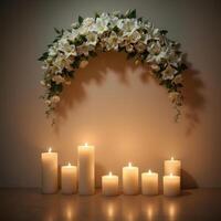 Funeral wreath with an empty center for text or photo, hanging on a plain wall with white candles burning below, creating a solemn atmosphere.18 photo