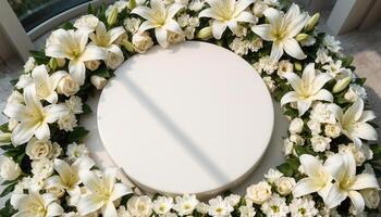 Top down view of an empty podium surrounded by white funeral flowers in a serene setting.16 photo