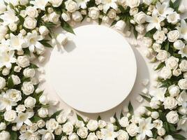 Top down view of an empty podium surrounded by white funeral flowers in a serene setting.15 photo