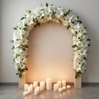 Funeral wreath with an empty center for text or photo, hanging on a plain wall with white candles burning below, creating a solemn atmosphere.14 photo