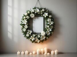 Funeral wreath with an empty center for text or photo, hanging on a plain wall with white candles burning below, creating a solemn atmosphere.11 photo