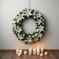 Funeral wreath with an empty center for text or photo, hanging on a plain wall with white candles burning below, creating a solemn atmosphere.21 photo