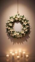 Funeral wreath with an empty center for text or photo, hanging on a plain wall with white candles burning below, creating a solemn atmosphere.3 photo