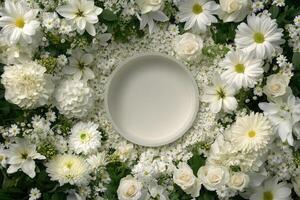 Top down view of an empty podium surrounded by white funeral flowers in a serene setting.a photo