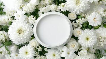 Top down view of an empty podium surrounded by white funeral flowers in a serene setting.e photo