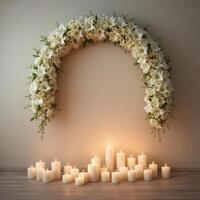 Funeral wreath with an empty center for text or photo, hanging on a plain wall with white candles burning below, creating a solemn atmosphere.17 photo