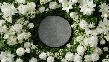 Top down view of an empty podium surrounded by white funeral flowers in a serene setting.u photo