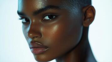 A close up of a woman with a shiny face photo