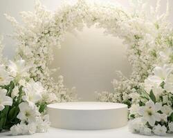 Top down view of an empty podium surrounded by white funeral flowers in a serene settin.x photo