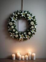 Funeral wreath with an empty center for text or photo, hanging on a plain wall with white candles burning below, creating a solemn atmosphere.8 photo