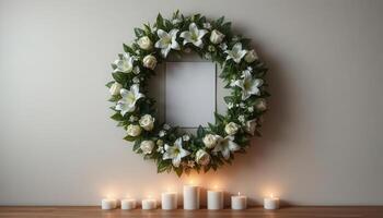 Funeral wreath with an empty center for text or photo, hanging on a plain wall with white candles burning below, creating a solemn atmosphere.10 photo