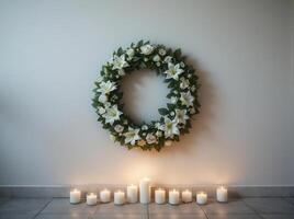 Funeral wreath with an empty center for text or photo, hanging on a plain wall with white candles burning below, creating a solemn atmosphere.12 photo