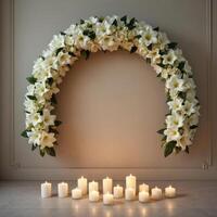 Funeral wreath with an empty center for text or photo, hanging on a plain wall with white candles burning below, creating a solemn atmosphere.9 photo