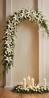 Large funeral floral arch with white candles burning on the floor, creating a solemn and peaceful memorial ambiance.3 photo