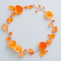 Elegant orange floral wreath with delicate paper-like flowers and leaves, arranged in a semi-circle on a soft background. Ideal for autumn-themed designs,invitations,branding, decorative projects. photo