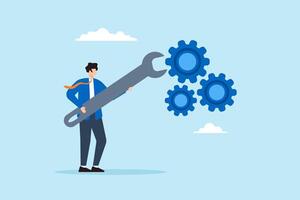 Flat illustration businessman hold wrench to adjust cogwheel symbolizing optimization for business improvement vector