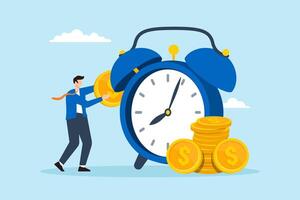 Flat illustration businessman put coin into alarm clock symbolizing long term investment and saving growth vector