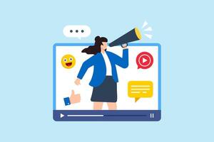 Flat illustration confident woman use megaphone in media player symbolizing marketing for brand promotion vector