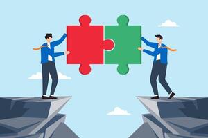 Flat illustration two businessmen connect jigsaw puzzle bridge on cliff symbolizing teamwork and partnership to solve problem vector