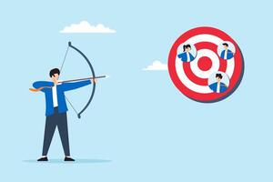 Flat illustration businessman shoot arrow at target representing people symbolizing finding right audience vector