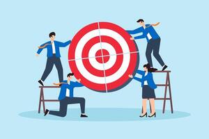 Flat illustration business people connect target bullseye together symbolizing share objective and teamwork vector