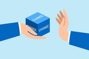 Flat illustration businessman hand refuse to open change cube box representing fear of leaving status quo or comfort zone vector