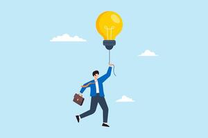 Flat illustration smart businessman fly with glowing lightbulb idea to catch star representing creativity and innovation vector