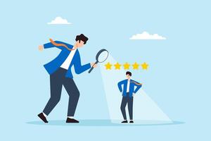 Flat illustration businessman manager use magnifier to analyze employee for 5 star performance evaluation vector