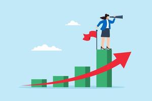 Flat illustration successful businesswoman look through telescope standing on growth chart with flag symbolizing career vision vector