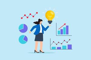 Flat illustration businesswoman present glowing lightbulb idea with charts symbolizing business strategy optimization vector