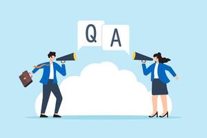 Flat illustration businessman and businesswoman shout on megaphone Q A question session speech bubble symbolizing problem solving vector