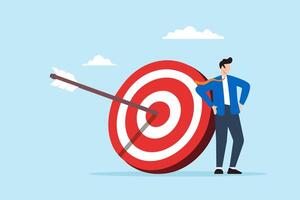 Flat illustration confident businessman stand next to archery target with arrow in bullseye symbolizing business success vector
