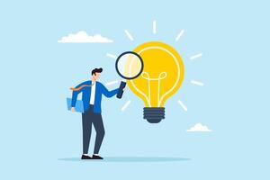 Flat illustration businessman analyze glowing lightbulb idea with magnifier checking and validate business viability vector