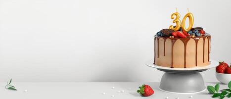 Banner with Chocolate birthday cake with berries, cookies and number thirty golden candles on White background, copy space photo