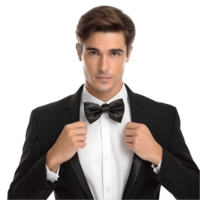 Man in tuxedo adjusting bowtie formal event portrait indoor setting close-up style and elegance png