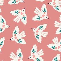 Simple seamless pattern with flying white birds on a pink background. graphics. vector