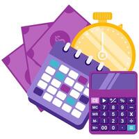 calendar and calculator with money background and stopwatch as a symbol of financial planning vector