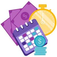 calendar in front of money and stopwatch vector