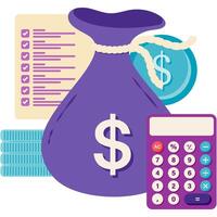 money bag with calculator and financial report vector