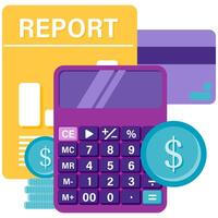 calculator with financial report documents and stack of coins vector